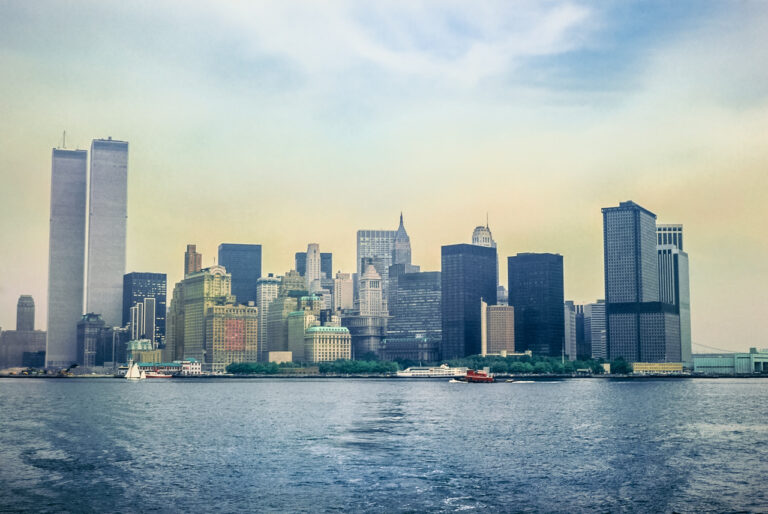 Skyline with Twin Towers and water