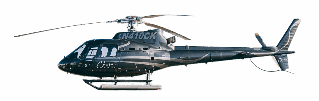 Black helicopter with logo and registration