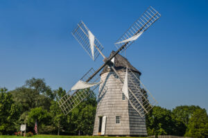 Historic Hook Windmill against clear blue sky