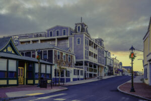 Oak Bluffs Downtown Street on Martha's Vineyard Holiday Decorations at sunrise in Massachusetts