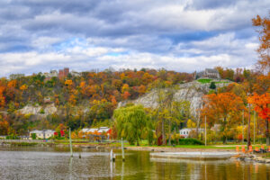 Peekskill New York foliage scene by the river during fall